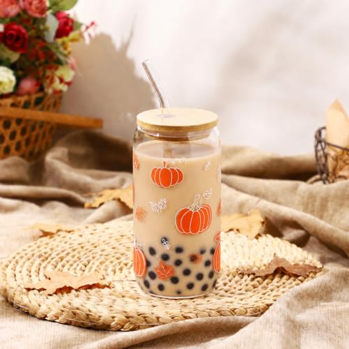 Fall Pumpkin Glass Cup - Halloween Thanksgiving Autumn Gift Set with Straw & Brush - Pumpkin Variation