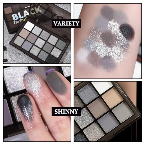 Black Smoky Eyeshadow Palette - Matte & Glitter Gothic Makeup with 3 Brushes - Variation of THIS listing
