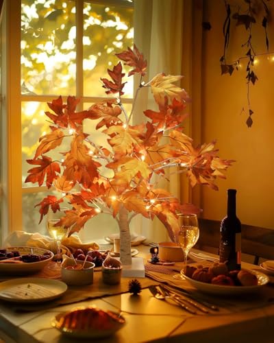 Light Up Artificial Maple Tree Decor - 22 Inch Thanksgiving Indoor Outdoor Pack of 2