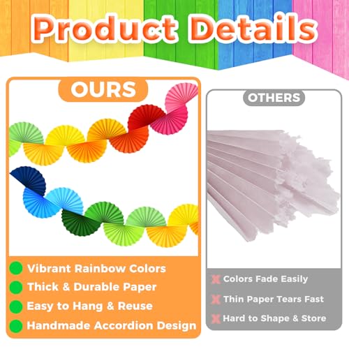 Rainbow Paper Fan Garland 15.6ft - 3 Pack Ceiling Decor, Party & Event Backdrop