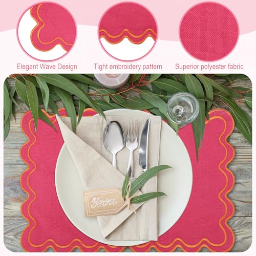 Pink & Orange Scalloped Placemats Set of 6 - Rectangular Dining Table Decor