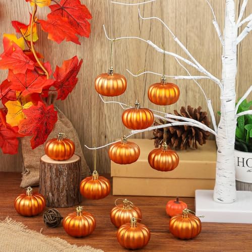 24Pcs Mini Orange Pumpkin Hanging Ornaments – Fall Thanksgiving Decor Set