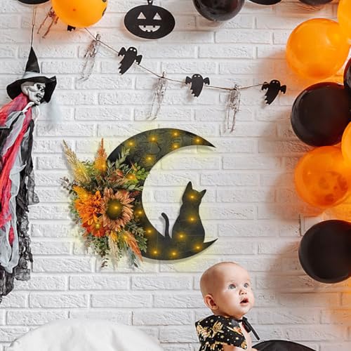 Halloween Wreath with Cat Moon and Sunflower - Fall Door Hanger Decor