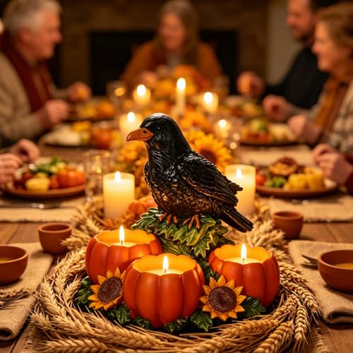 Halloween Raven Candle Holder with 3 Pumpkin Tealight Holders - Crow Candle Decor