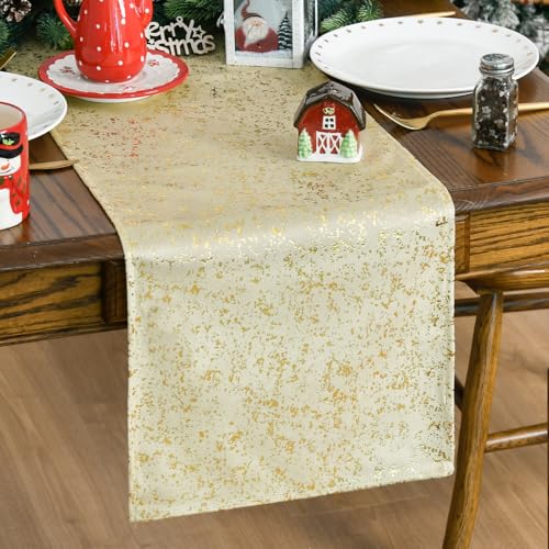 Beige Fleece Table Runner 13x60 Inch Holiday Kitchen Decor Glitter Metallic
