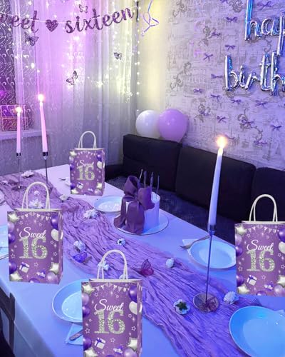 16 Pack Purple Party Favor Bags for Sweet 16 Birthday Decorations Girl - Goody & Treat Bags
