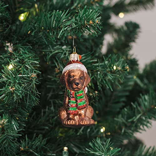 Holiday Chocolate Labrador Pup Glass Blown Ornament - Handcrafted Christmas Tree Decoration