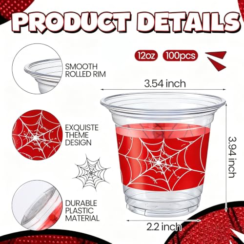 Spider Book Disposable Plastic Cups - 100 Pcs 12oz Clear Party Drinkware with Spider Web Design
