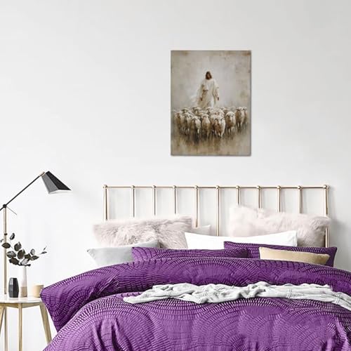 Jesus and Lamb Wall Art Canvas Print Religious Decor for Living Room Bedroom - 16x12 Inches