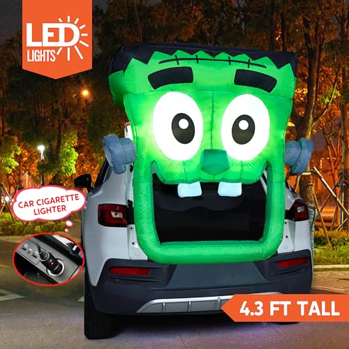 Inflatable Halloween Car Decoration with Built-in LEDs - Green Zombie Trick or Treat Yard Decor