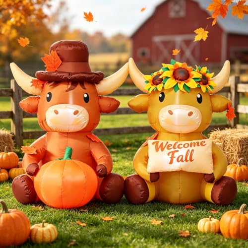 Fall Inflatable Highland Cow Couple with Pumpkin & Welcome Sign - 6 FT Outdoor Decor - Variation: Highland Cow