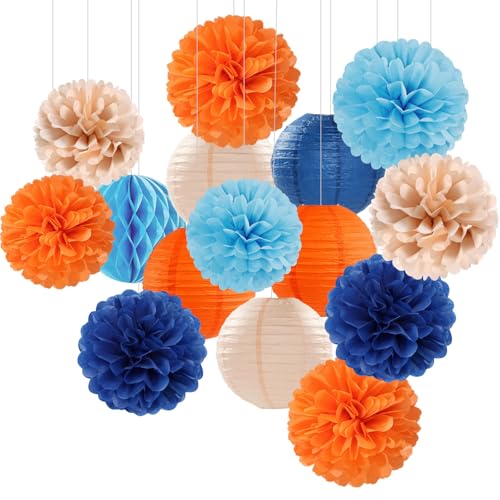 Navy Blue Orange Champagne Party Decorations Kit - Tissue Pom Poms Lanterns Honeycomb - Pink Variation