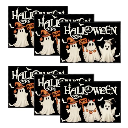 Halloween Ghost Boo Placemats Set of 6 - 12x18 Inch Rectangular Black