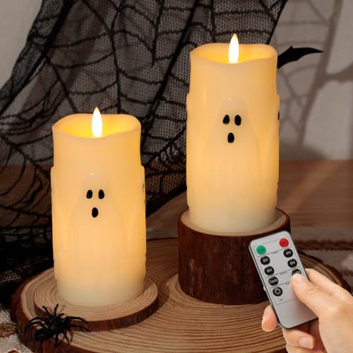 Halloween Ghost Flameless Candles Set - Remote Timer & Real Wax, 2 Pack