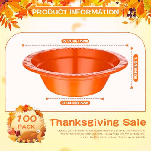Disposable Orange Plastic Bowls for Fall & Thanksgiving - 100 Pack, 12oz