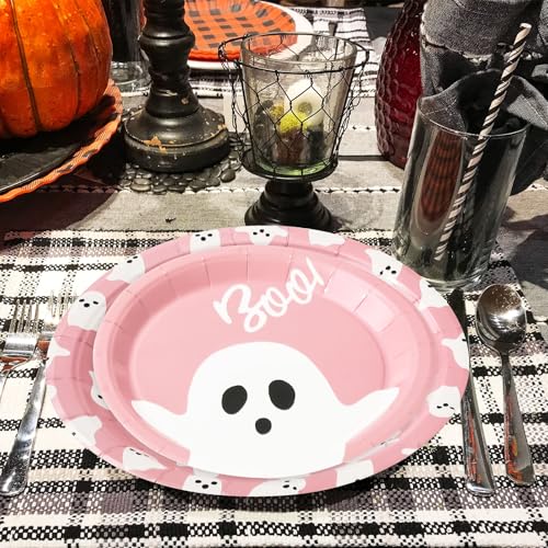 Pink Ghost Halloween Paper Plates 48pcs Disposable Party Dinnerware 7 & 9 Inch
