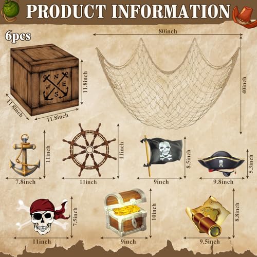 Pirate Party Decorations Set with Treasure Boxes, Adventure Cardboards & Fishing Net