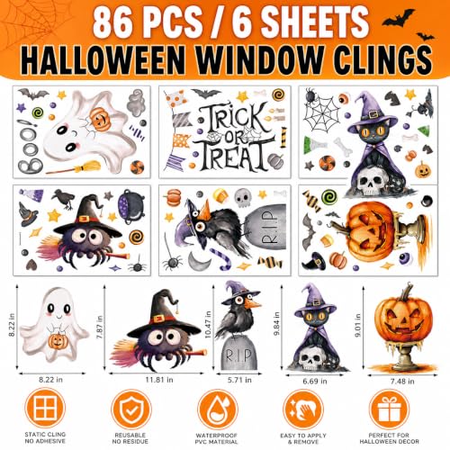 Halloween Window Clings Set - 86pcs Cute Spooky Ghost, Black Cat, Spider & Pumpkin - Variation Halloween1