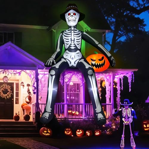 Black 10 ft Inflatable Skeleton Halloween Decor Outdoor - Giant Blow Up Skeleton with LED Lights