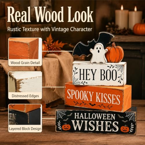 Yellow Wooden Halloween Table Decorations Set - Indoor Farmhouse & Rustic Decor
