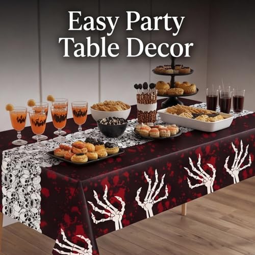 Halloween Tablecloth 54x108 Inch Spooky Gothic Skeleton & Blood Design Set