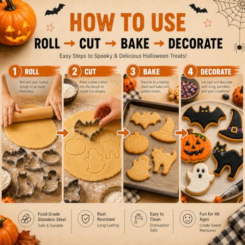 Halloween Cookie Cutters Set - Witch's Hat Pumpkin Ghost Bat Cat Stainless Steel