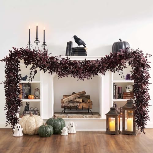 9Ft Purple Fall Garland for Mantle Indoor & Outdoor Decor - Realistic Leaves