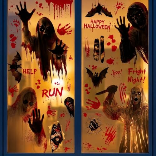 Halloween Window Clings Ghost Bat Witch Decorations - Reusable Static Vinyl Stickers - 8 Piece Set with Variations 1