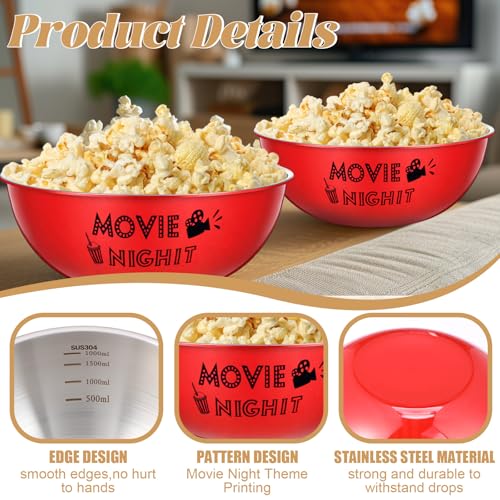 2 Pack Stainless Steel Popcorn Bowls - 3 Qt Large Snack Serving Set - Red, Classic Variation