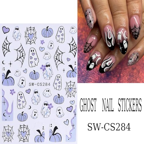 Halloween Nail Art Stickers - Ghost Pumpkin Variation, 6 Sheets, 3D Self-Adhesive Decals for Manicure