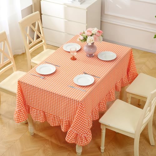 Orange White Gingham Ruffle Square Tablecloth 60x60 Inches - Cotton
