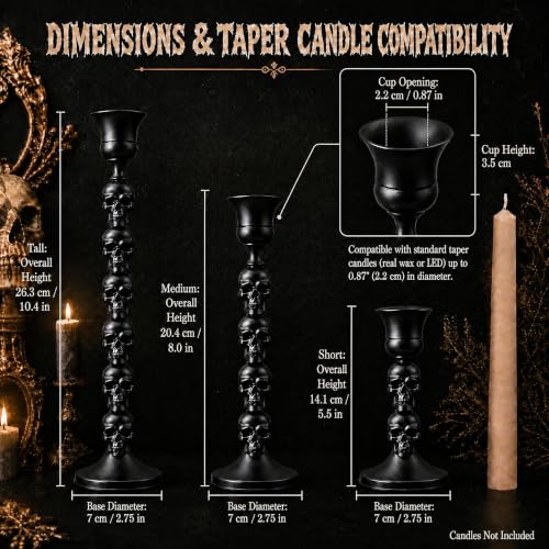 Skull Candle Holder Set - Gothic Taper Candlestick for Halloween & Dark Decor - Style 2 / 3