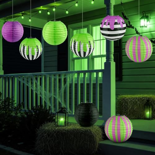 Halloween Paper Lanterns Set - 12 Black, Purple, Green Striped Decor, 10 Inch