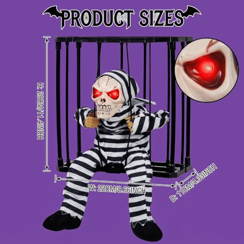 Outdoor Caged Skeleton Prisoner Halloween Decoration with Red LED Eyes & Sound