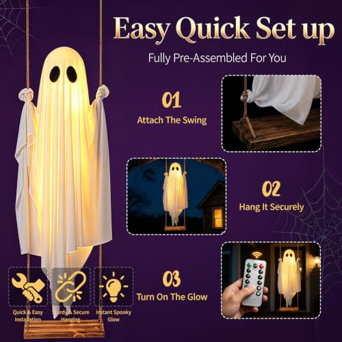 Large 5FT Hanging Ghost Swing Halloween Decor with 13FT Adjustable Length and Lights - Outdoor Yard Decoration