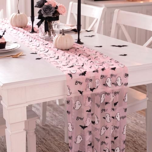 Ghost Pink Halloween Table Runners 29x70 in - Set of 4 with Ghosts & Bats - Variation: Ghost