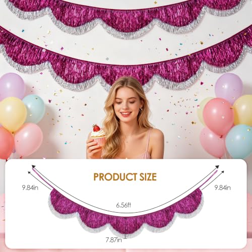 Fuchsia Silver Layered Fringe Tinsel Garland 6.6FT for Wedding Party Decorations