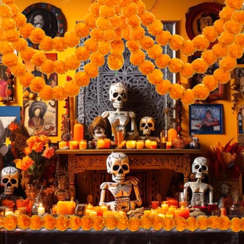 Orange Marigold Garland Set - 10 Pieces, 5 Feet Artificial Indian Decoration