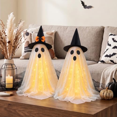 Lighted Ghost Halloween Decorations Set - 2 Pre-Assembled Spooky & Cute Ghosts with LED Lights