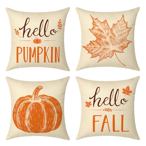 Fall Pillow Covers 18x18 Inch Set of 4 Autumn Harvest Decorations - Beige Maple Variation