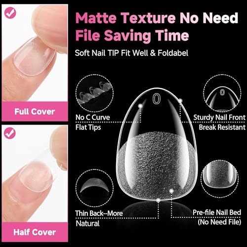 UNA GELLA Extra Short Almond Gel Nail Tips A01 - 312pcs, Clear, Deep Matte