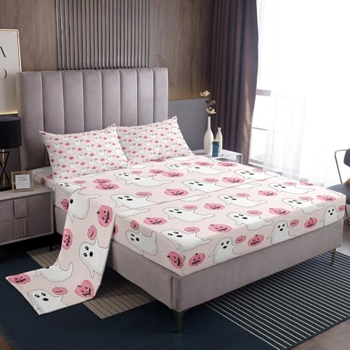 Pearl Pink Happy Halloween Kids Bed Sheets Set Twin Size with Fitted & Flat Sheets