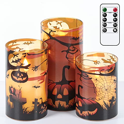 Halloween Candles with Pumpkins - Orange Flameless Glass Candles with Remote Timer - 3 Pack Indoor Decorations