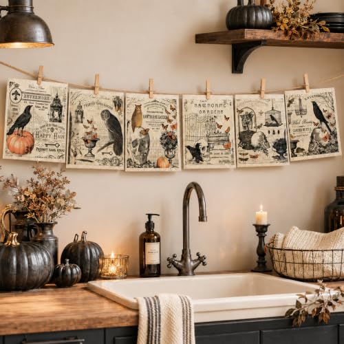 Halloween Vintage Owl Crow Skull Cotton Kitchen Towels - 12 Pcs, Absorbent & Reusable