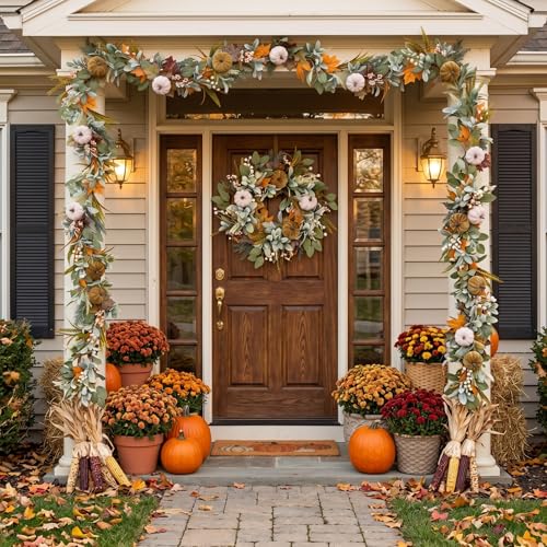 Fall Garland with Velvet Pumpkin Leaves for Mantle & Fireplace Decor