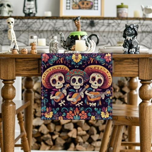 Guitar Sugar Skull Dia De Los Muertos Table Runner - Day of The Dead Fiesta Home Decor
