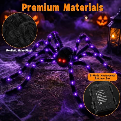 Giant Light Up Halloween Spider Decoration, 50 Inch Outdoor Indoor, Glowing Purple Lights & Red Eyes, Bendable Legs, 8 Light Modes