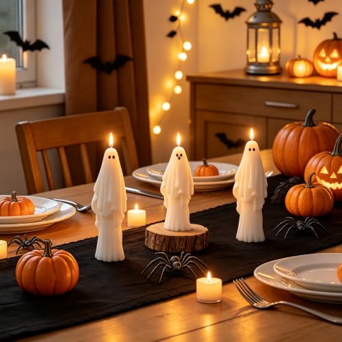 Halloween Ghost Candle Set - White, 3 PCS, Spooky Mantel Decor