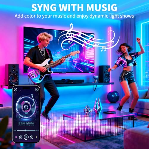 50FT RGB Music Sync LED Strip Lights with App & Remote Control - Color Changing Indoor Lights