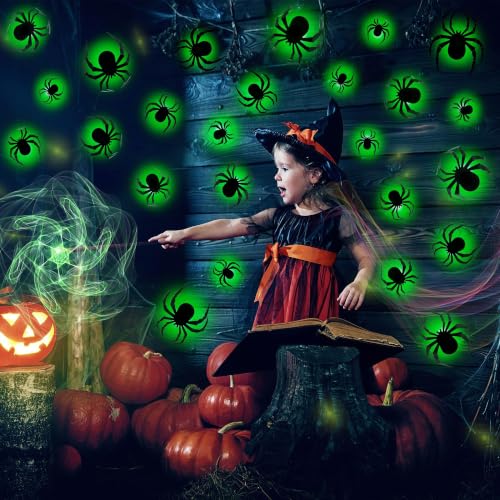 Green LED 3D Spider Halloween Decorations Set - 36pcs with 4 Sizes & Shapes